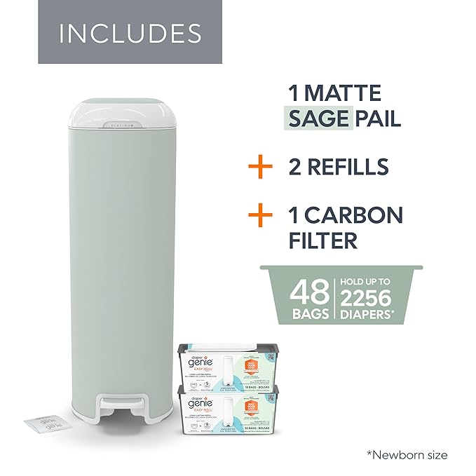 Platinum Diaper Pail Sage Green, Made of Durable Stainless Steel, Convenient Easy to Use Hands-Free Operation, Odor-Locking Pail, Includes 2 Easy Roll Refill with 18 and 30 Durable Bags