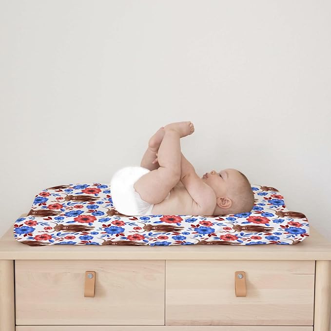 Highland Cows Boho Floral Changing Pad Cover Cute Yak Red Blue Flowers Diaper Changing Table Cover Sheets for Boys Girls Soft Breathable Stretchy Fitted Changing Table Mats 32''x16''