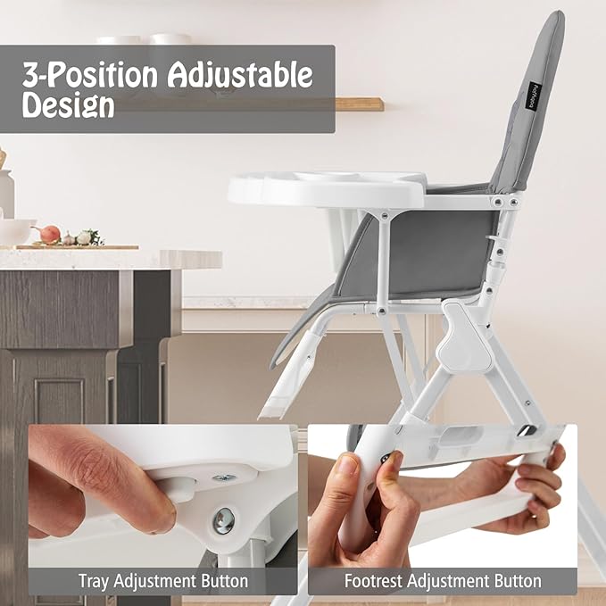 BABY JOY Foldable High Chair, Portable Highchairs for Babies and Toddlers with 3-Position Adjustable Tray & Footrest, Removable Seat Cushion, 5-Point Safety Harness, Space Saving Design (Gray)