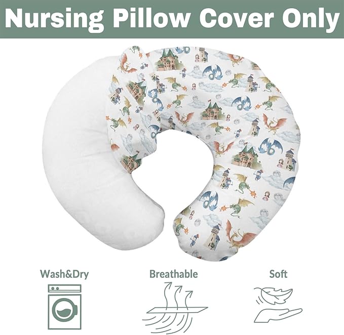 Fairytale Dragon and Knights Baby Nursing Pillow Covers for Boy Girl Fantasy Dragons Princess Castle Nursing Pillowcase for Breastfeeding Pillows Moon Clouds Soft Stretchy Slipcover for Newborn Infant
