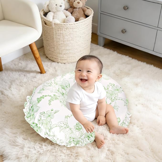 DILIMI Nursing Pillow Cover, Removable Ruffled Pillowcase for Breastfeeding Pillows, Ultra Soft Comfortable Slipcover for Baby Girl and Boy, Green Floral