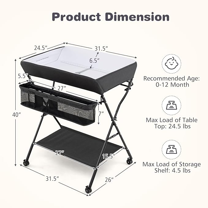 INFANS Baby Changing Table with Wheels, Portable Folding Diaper Station Nursery Organizer with Storage Basket, Hanging Rack, Adjustable Height, Safety Belt for Newborn Infant (Black)