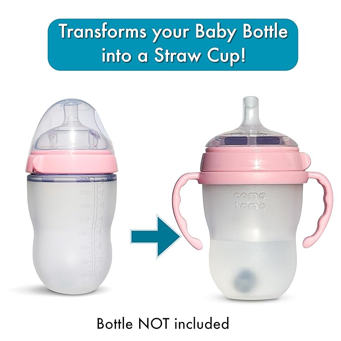 Straw Cup Conversion Kit for Comotomo Baby Bottles 2-Count, Food Grade Silicone Straw Top Nipples, All Silicone Weighted Straw, Bottle Handles, Cleaning Brush, BPA Free, 6+ Months (Straw Top, Pink)