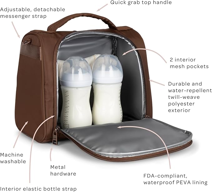 JuJuBe Insulated Bottle Bag, Breastmilk Cooler Fits 3 Baby Bottles, Storage Tote for Nursing Mom, Daycare & Travel, Lunch Bag w/Handle & Shoulder Strap (Espresso)