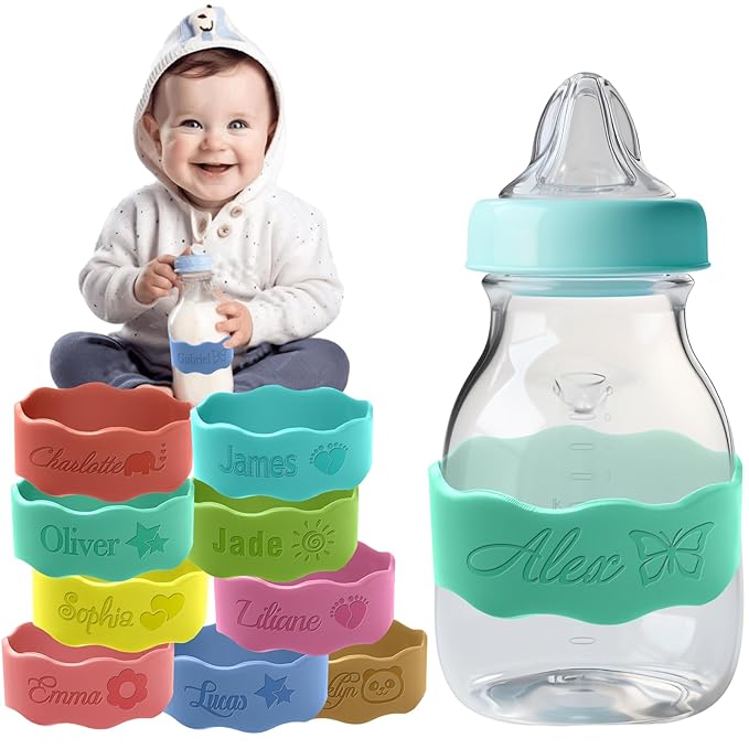 Personalized Water Bottle Name Bands Custom Engraved Silicone Labels Customized Silicone Baby Bottle Labels for Daycare Reusable Baby Bottle Straps for Kids Cups School Waterproof-Turquoise