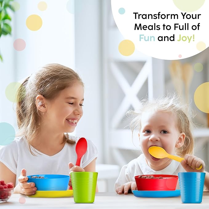 PLASKIDY Kids Plastic Dinnerware Set - 36 Pc Reusable Children's Dinner Set Microwave / Dishwasher Safe BPA Free Toddler Dishes Dinnerware Set Includes Kids Plates and Bowls Kids Cups & Flatware.