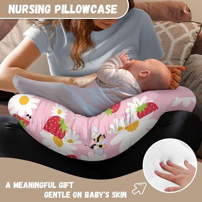 Daisy Bee and Strawberry Breastfeeding Pillow Cover Newborn U-Shaped Breastfeeding Pillowcase Cushion Cover Easy to Use and Dustptoof