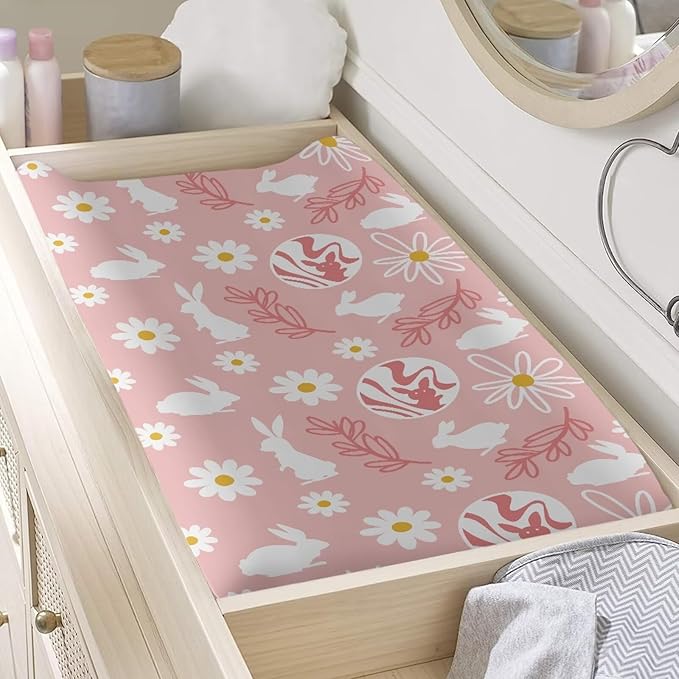 Bunny Floral Changing Pad Cover Soft Diaper Changing Mat Cover for Baby Stretchy Universal Tray Table Mat Table Sheets Easter Decor