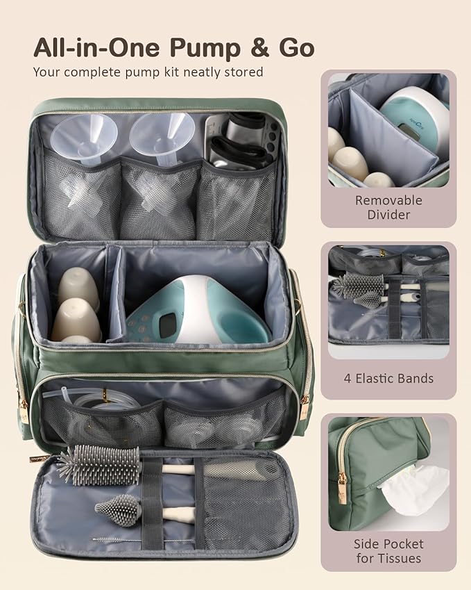 Breast Pump Bag Kit for Spectra S1/S2, Pumping Bag with Bottle Brush Set,10Pcs Flange Inserts for 24mm Flange, Nipple Ruler, Waterproof Mat, Pump Carrying Case for Work Travel, Sage Green