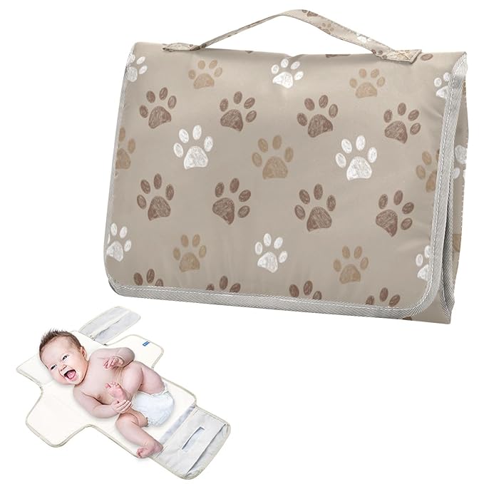 Dog Paws Portable Diaper Changing Pad with Wipes Holder, Brown and White Paw Foldable Baby Diaper Changer Travel Bag Cute Baby Changing Mat with Built-in Pillow for Newborn