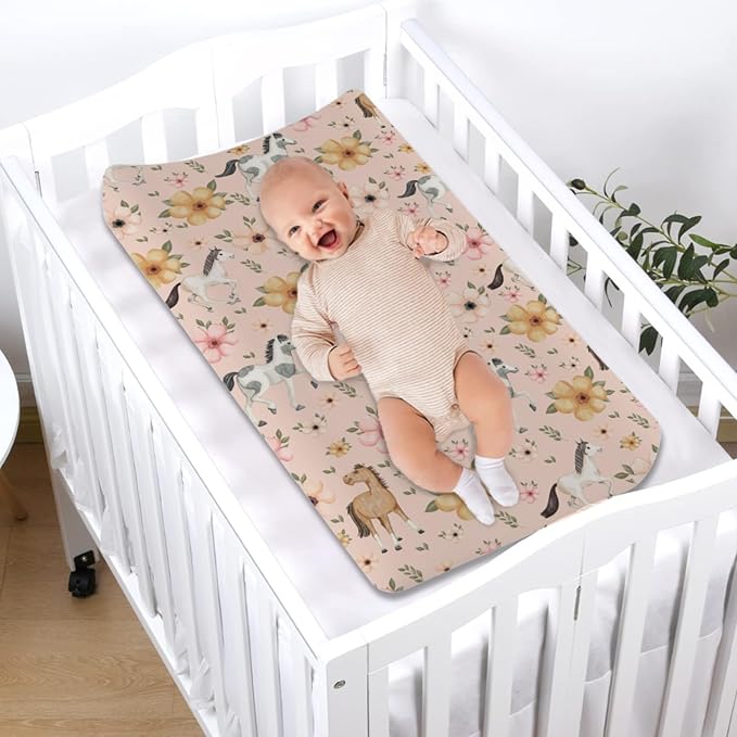 Changing Pad Covers Watercolor Horse Floral Baby Diaper Changing Pad Cover for Boys Girls Soft Breathable Stretch Fitted Diaper Change Table Pad Covers 32''x16'' Pink