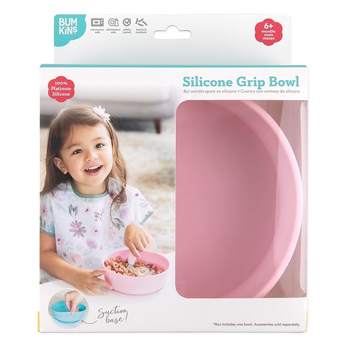 Bumkins Baby Bowl, Silicone Suction, for Babies, Toddlers and Kids, Baby Led Weaning, Feeding Essentials, Platinum Silicone, Non Skid Sticky Bottom, Supplies for Children Ages 6 Months Up, Pink