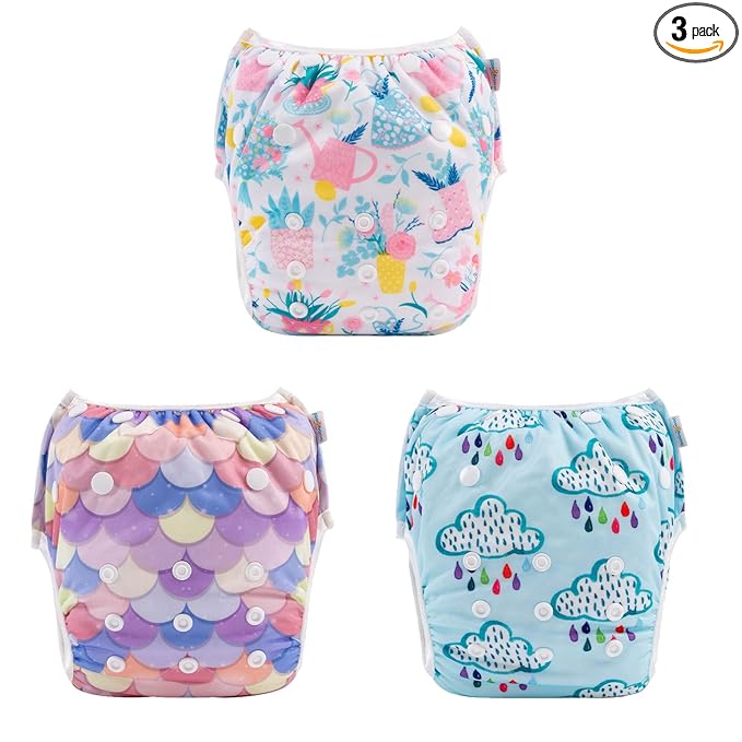 Babygoal Baby Girl and Boy Swim Diapers, Reusable Adjustable Washable One Size Fits 0-8M Baby Gifts and Swimming Lessons 3 Pack 3SD25