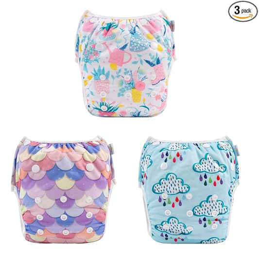 Babygoal Baby & Toddler Girl and Boy Swim Diapers, Reusable Adjustable Washable One Size Fits 6M-3T Gifts and Swimming Lessons 3 Pack 3ZSD25