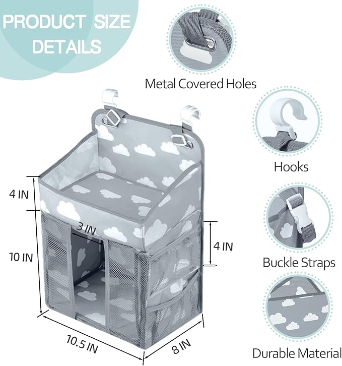 Baby Diaper Caddy Organizer, Multi-Compartment Nursery Baby Diaper Caddy with Adjustable Straps, Portable Hanging Diaper Stacker for Stroller, Car, Travel, Nursery (Grey)