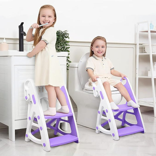 Potty Training Seat, Primlect Upgrade Ultra-Stable Toddler Toilet Seat for Kids Boys Girls, 2 in 1 Potty Training Toilet with Step Stool, Adjustable Seat and Ladder, Non-Slip Pad, Splash Guard(Purple