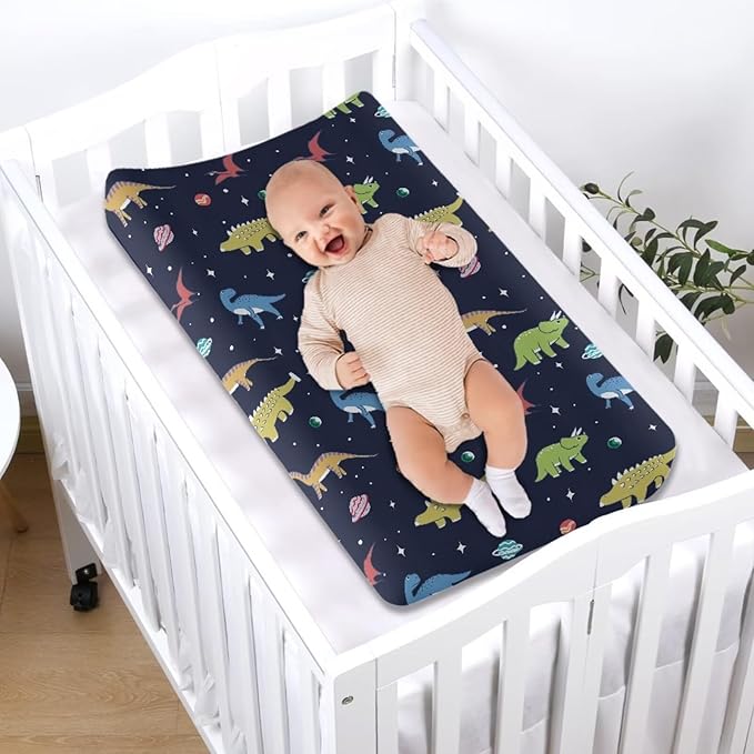 Dinosaur Changing Pad Cover Sheets Portable Changing Pad Covers Fit 32 x 16 Inch Baby Nursery Diaper Change Table Liners Mats for Boys, One Size