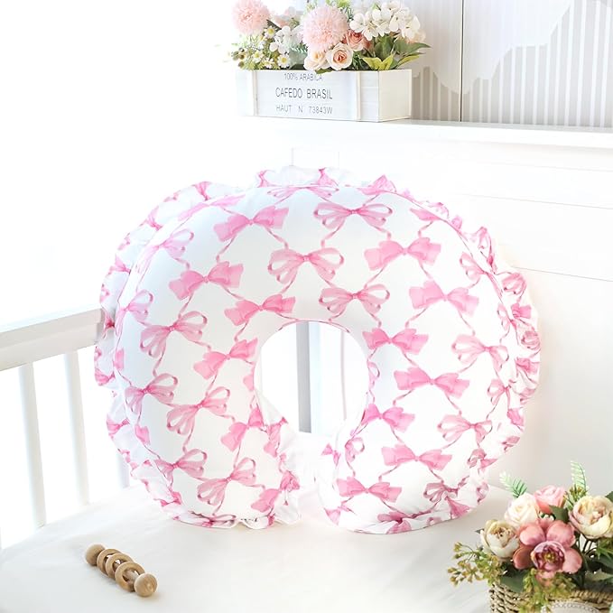 Ruffle Nursing Pillow Cover, Removable Stetchy Case for Breastfeeding Pillows, Ultra Soft and Breathable Feeding Pillow Slipcover with Modern Design Lace for Infant Girls Boys, Pink Bow