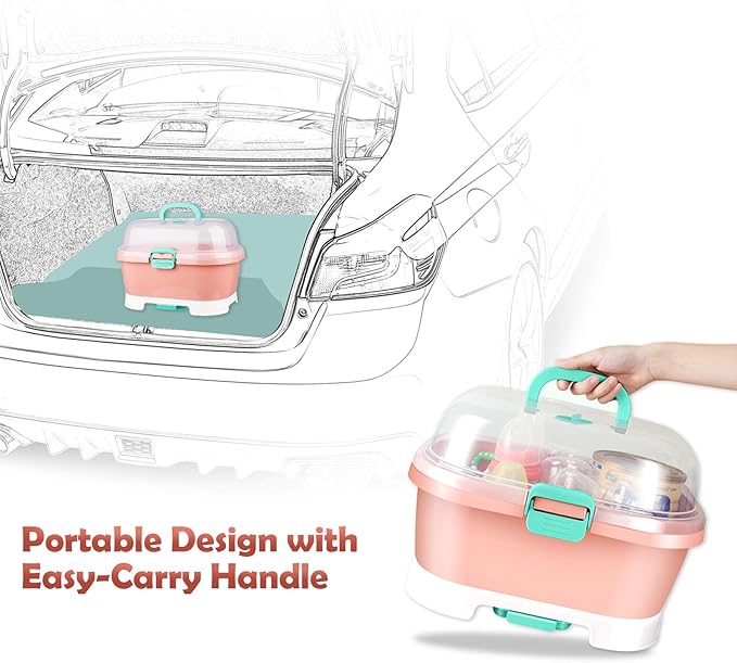 NiHome Portable Baby Bottle Drying Rack with Anti-Dust Lid, Cutlery Organizer and Drain Board - Easy-Carry Handle for Home, Kitchen, Travel and Outdoors (Pink)