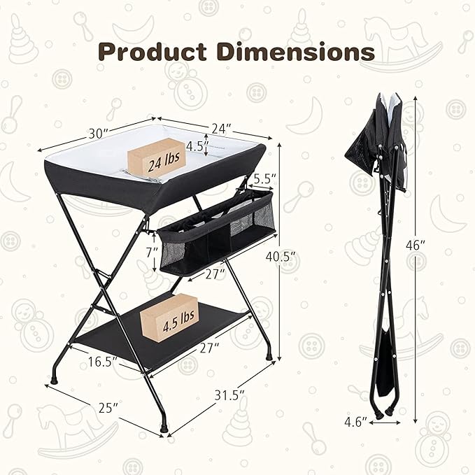 HONEY JOY Changing Table, Folding Nursery Organizer with Open Shelf & Safety Belt, Portable Diaper Changing Station for Newborn (Black, Basic)