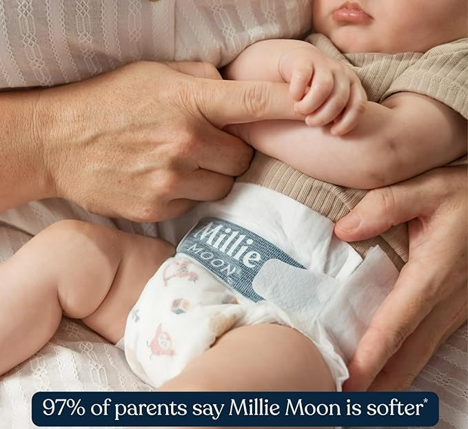 Millie Moon Luxury Disposable Baby Diapers Newborn Size I 30 Count I Ultra Soft Comfort, Absorbent Core for Day & Night Use, Wetness Indicator, Gentle Materials, Secure Fit
