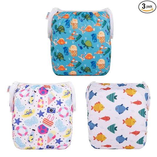ALVABABY Large Cloth Swim Diaper 3pcs Baby/Toddler/Infant Snap Reusable Adjustable Swimming Diaper Baby Boy and Girl 3ZSWY29