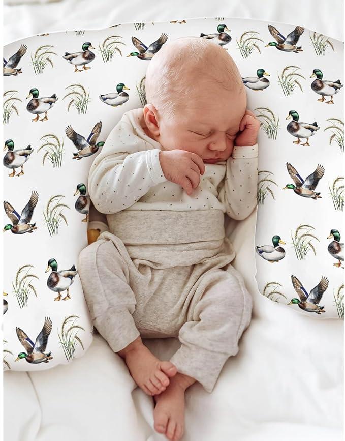 Vintage Mallard Duck Baby Nursing Pillow Covers for Boy Girl Green Ducks Lake Nursery Slipcovers for Breastfeeding Pillows Hunting Ducks Soft Stretchy Removable Cover for Newborn Infant