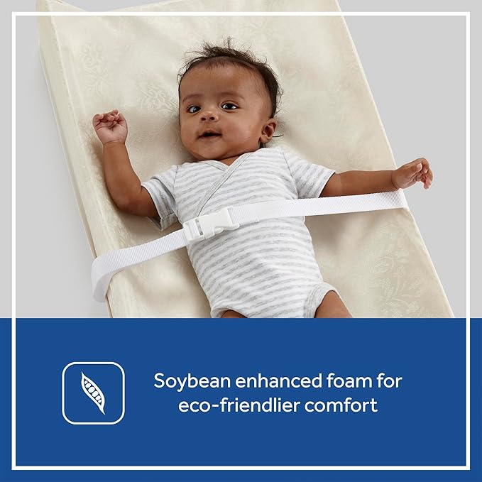 Sealy Baby Antibacterial Waterproof 2 Sided Contoured Diaper Changing Pad for Dresser or Table, Durable Easy to Clean Surface, Supportive Soybean Enhanced Foam, Made in USA, White, 32x16"