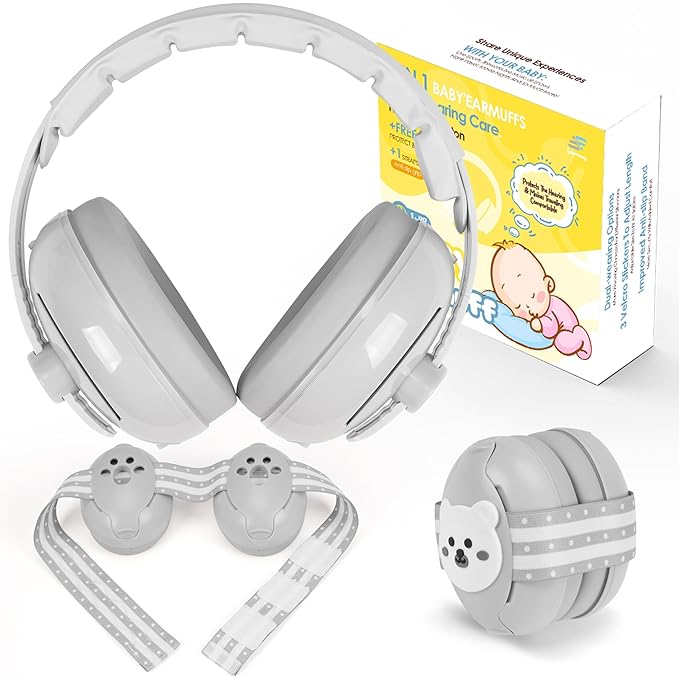 Empireway Baby Ear Muffs Noise Protection 2-in-1 for Infants & Toddlers to 1-48 Months,Adjustable, Lightweight,Foldable Noise Cancelling Headphones,GS010-Grey