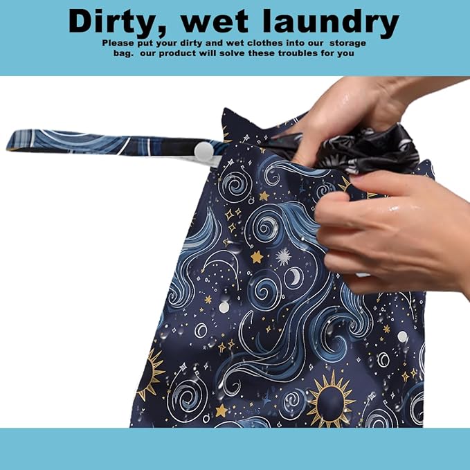 ZHAMEN 2Pcs Wet Bag, Wet Dry Bag Reusable with Zipper, Travel, Beach, Pool, Diapers, Dirty Yoga Gym Clothes, Makeup Bag, Waterproof Wetdry Packing, Gold Night Sky Decore (12x10 Inch)