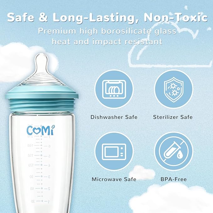 COMI Glass Baby Bottle, Includes Insulated Stainless Steel Sleeve, Newborn Anti-Colic Baby Bottle with Slow Flow Nipple, Leak Proof Insulated, Plastic-Free, BPA-Free, 0-3 Months, 8 oz