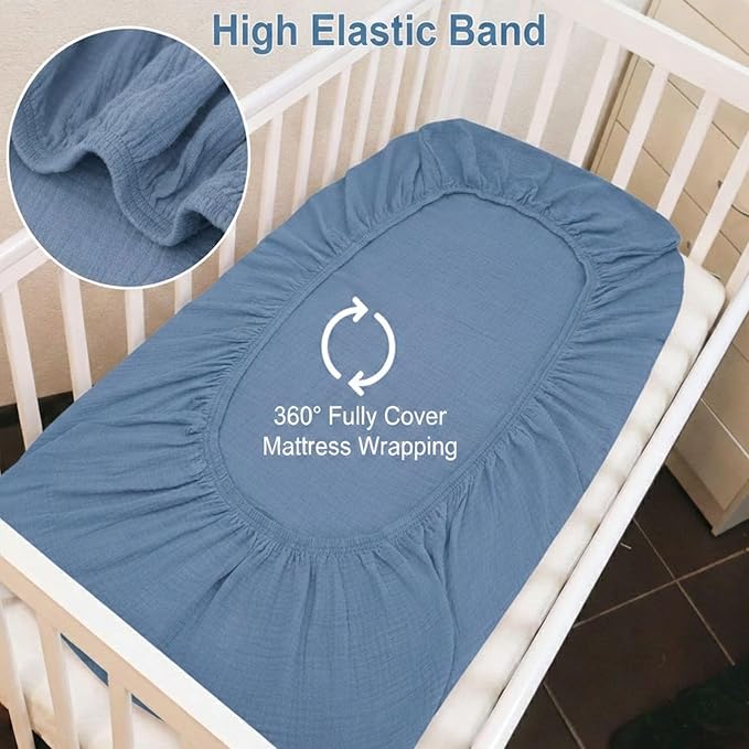 2 Pack Muslin Crib Sheets for Boys & Girl- Neutral Breathable Cotton Crib Mattress Sheets Fitted for Standard 28"x 52"- Nursery Décor No Slip Bed Sheets- Dustyblue & Blue