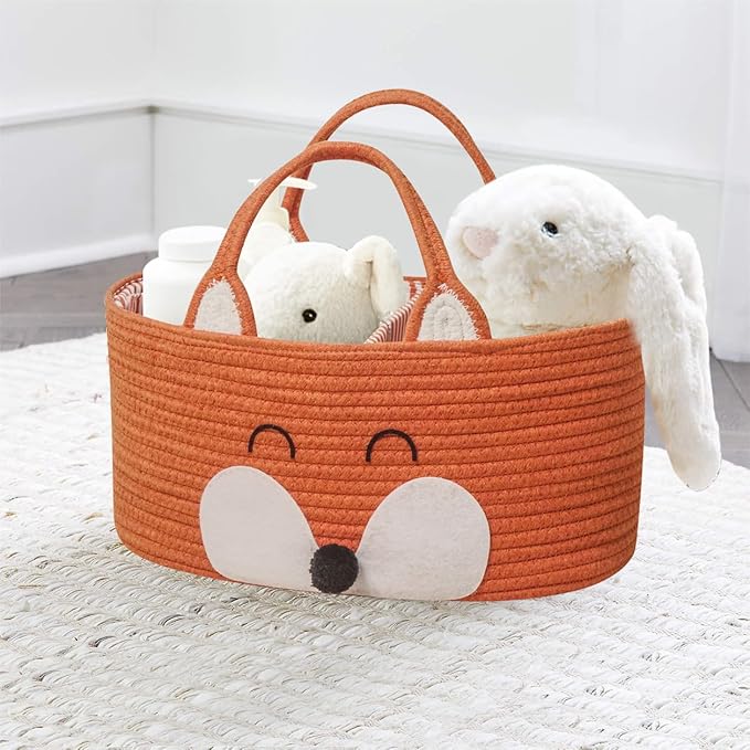 T&T Homewares Diaper Caddy Organizer, Cotton Rope Diaper Caddy Basket, Baby Shower Basket, Nursery Storage Bins, Newborn Caddie- Cat, Fox, Penguin (Orange Fox)
