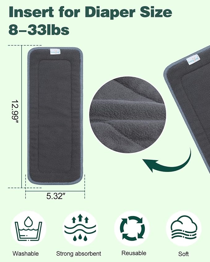 Babygoal Baby 5-Layer Charcoal Rayon from Bamboo Reusable Liners for Cloth Diapers Nappies,Pack of 12 Inserts,12ZTN