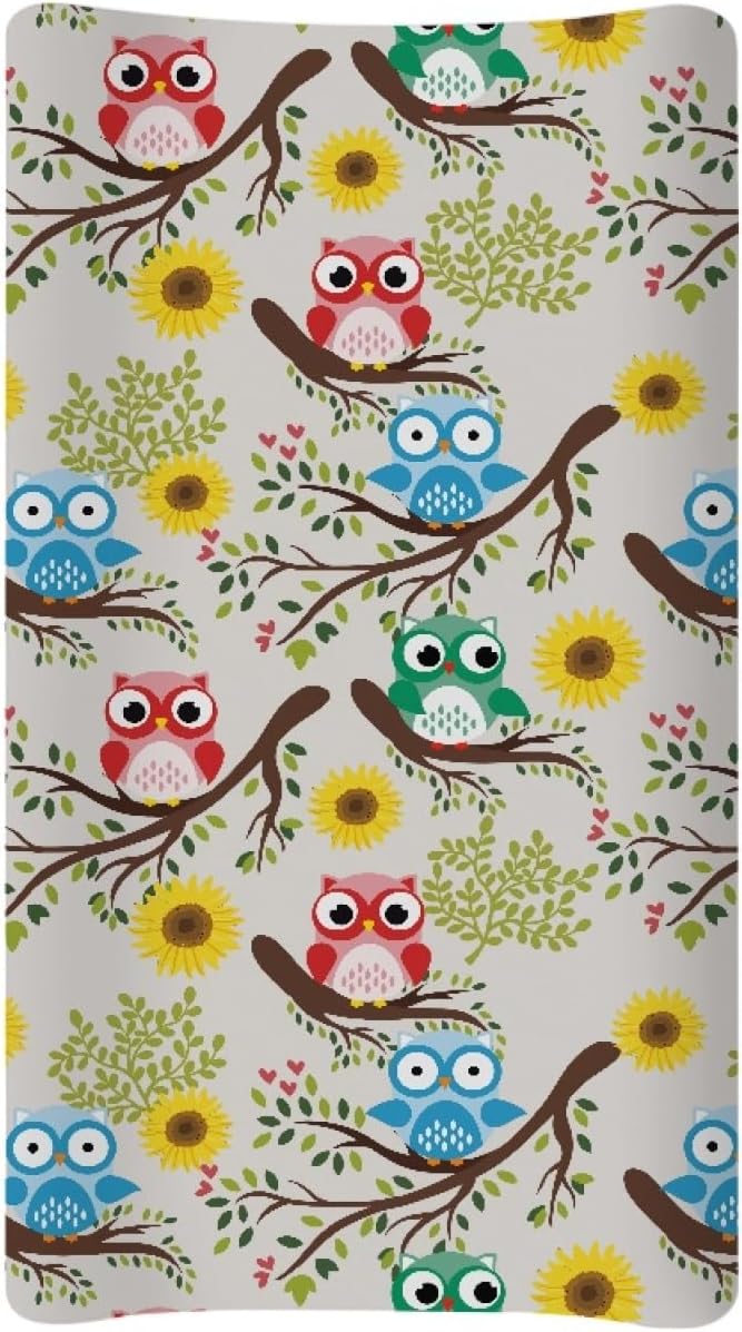 GOSTONG Girls Boys Changing Pad Cvoer with Owl Flower Pattern Elastic Soft Changing Mat Sheets Fits 32"x16" Diaper Changing Table, Lightweight & Machine Washable