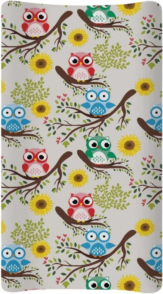 GOSTONG Girls Boys Changing Pad Cvoer with Owl Flower Pattern Elastic Soft Changing Mat Sheets Fits 32"x16" Diaper Changing Table, Lightweight & Machine Washable