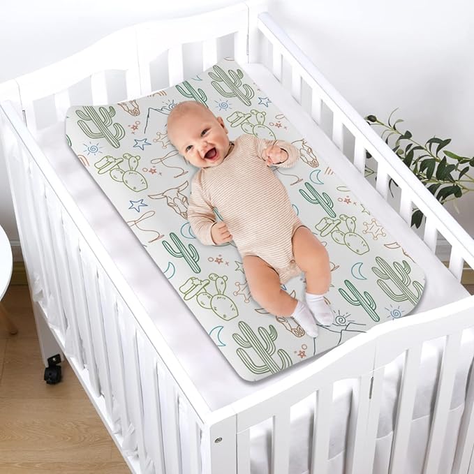 Boho Western Cow Skull Cactus Rainbow Baby Changing Pad Covers Boy Girl 32''x16'' Western Cowboy Cactus Mountain Moon Stars Fitted Diaper Change Table Mats Soft Breathable Cradle & Bassinet Sheets