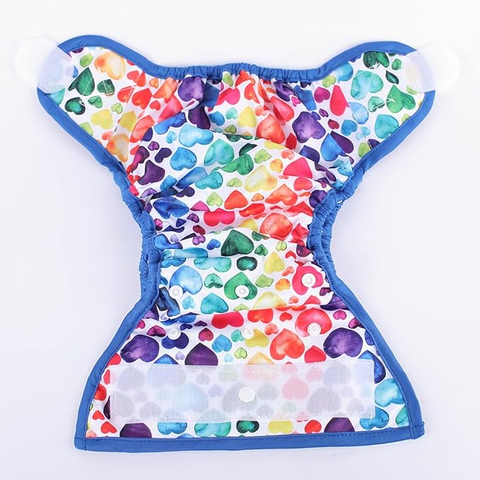 Baby Cloth Diaper Cover Nappy Hook and Loop Double Gusset 6.6lbs to 33lbs (Raibow Hearts Blue), 1 Count