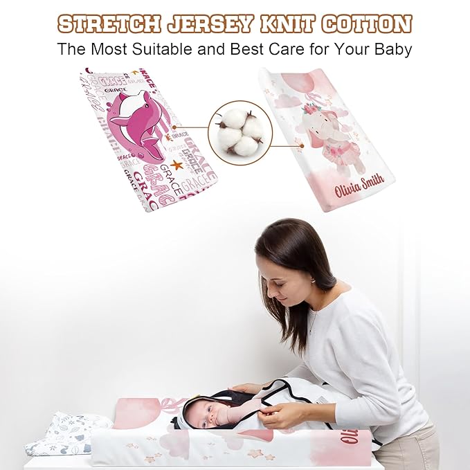 Personalized Baby Changing Pad Cover with Name - 2 Piece Baby Pee Pad Cover for Diaper Changing Table, Portable Pink Elephant Shark Custom Gifts for Infant Baby