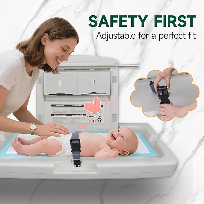 anydry Baby Changing Station Wall-Mounted, Foldable Diaper Changing Table with Safety Straps for Commercial Bathroom, in Elegant Grayish White