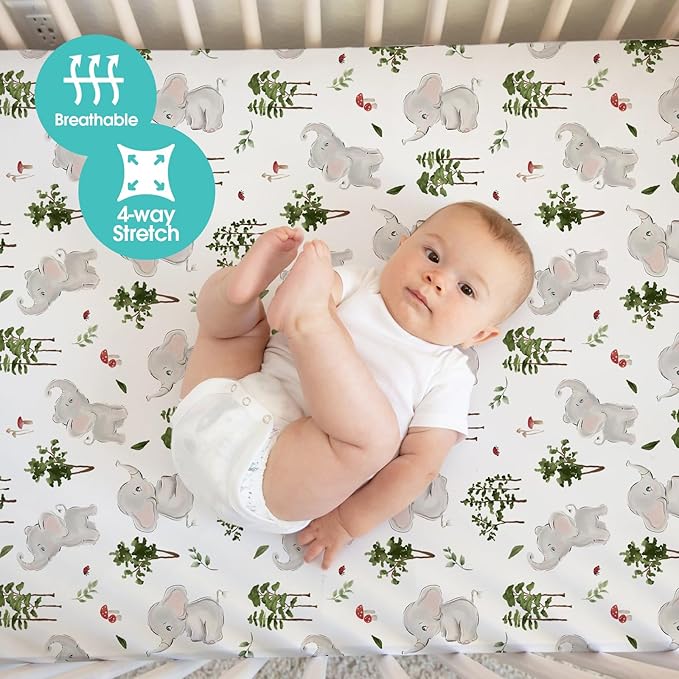 BROLEX Baby Fitted Crib Sheets: Kid Crib Sheets - Set of 2 for Toddler Standard Size Crib Mattress for Boys and Girls - Jersey Knit Crib Bed Sheets Elephants&Bears