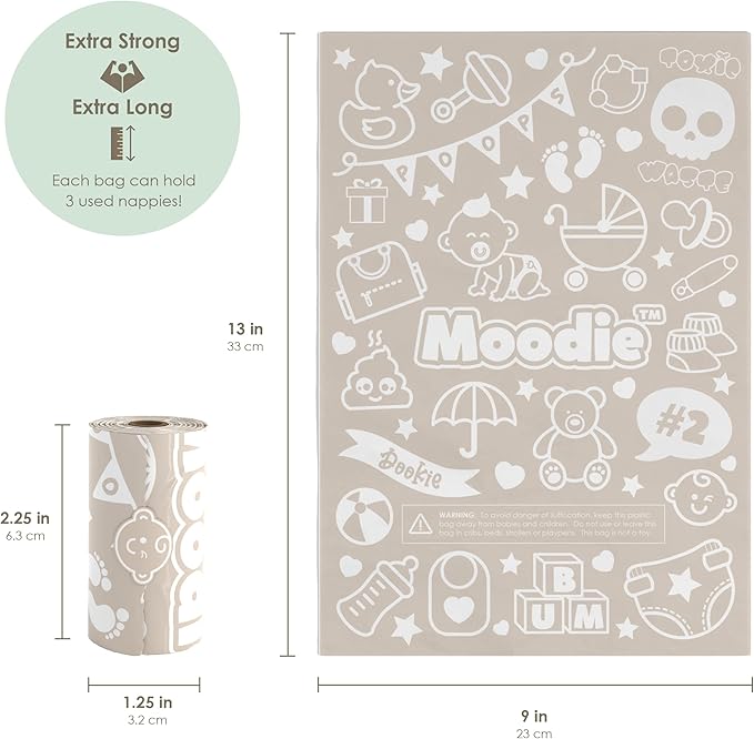 Moodie Disposable Diaper Bags Dispenser COMBO PACK |105 LAVENDER SCENTED Baby Poop Bags TOTAL & 1 Diaper Disposal Bag Dispenser | Dirty Diaper Trash Bags on the Go