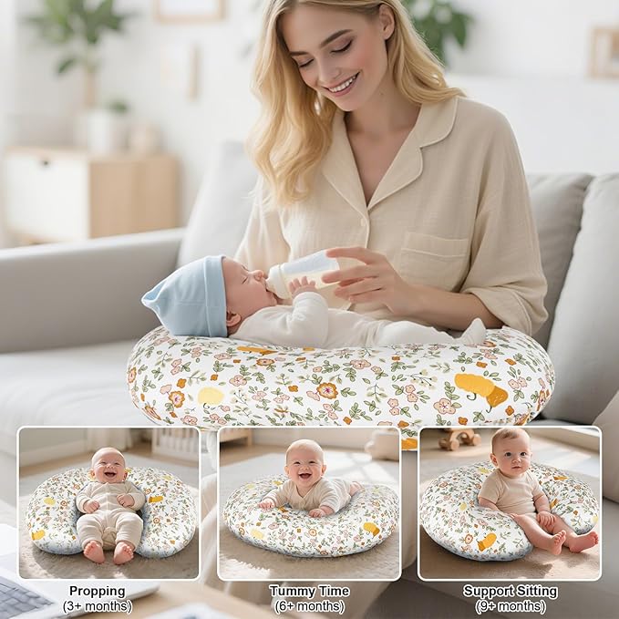 Ergonomic Nursing Pillow for Breastfeeding & Bottle Feeding, Breastfeeding Pillow to Reduce Back Neck Strain, Suitable for Breastfeeding Mom & Baby, Washable Cotton Cover(Flower Beige)