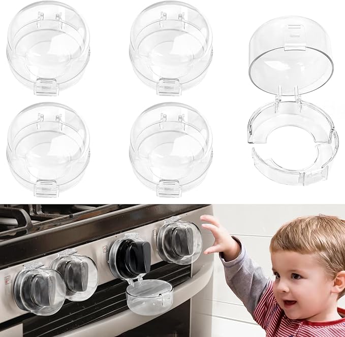 Stove Knob Safety Covers Baby Proofing for Press Stove Knob and Oven Knob Child Safety Locks - 5 Pack (Transparent)
