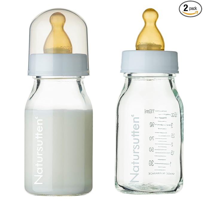 Natursutten Anti-Colic Glass Baby Bottle 2-Pack - 4 Ounce Bottles for Breastfeeding Babies - Newborn Bottles Set: Natural Rubber Slow-Flow Bottle Nipples, Seals, Valves, Baby Bottle Caps
