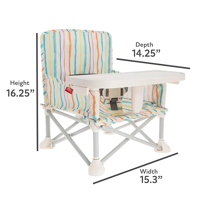 Nuby Pop-Up Booster Seat with Removable Tray - 6+ Months - Portable Booster Seat for Floor for Indoor/Outdoor Use - 3-Point Safety Adjustable Straps - Summer Travel Essentials - Stripes
