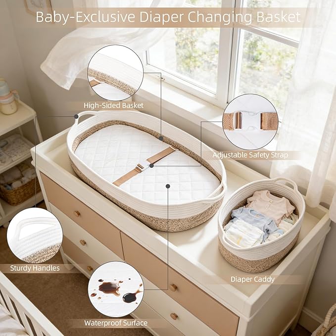 Baby Changing Basket with Diaper Caddy Changing Pad, Breathable & Waterproof Dual-Cover Foldable Portable Travel Cotton Rope Baby Changing Mat for Dresser & Table