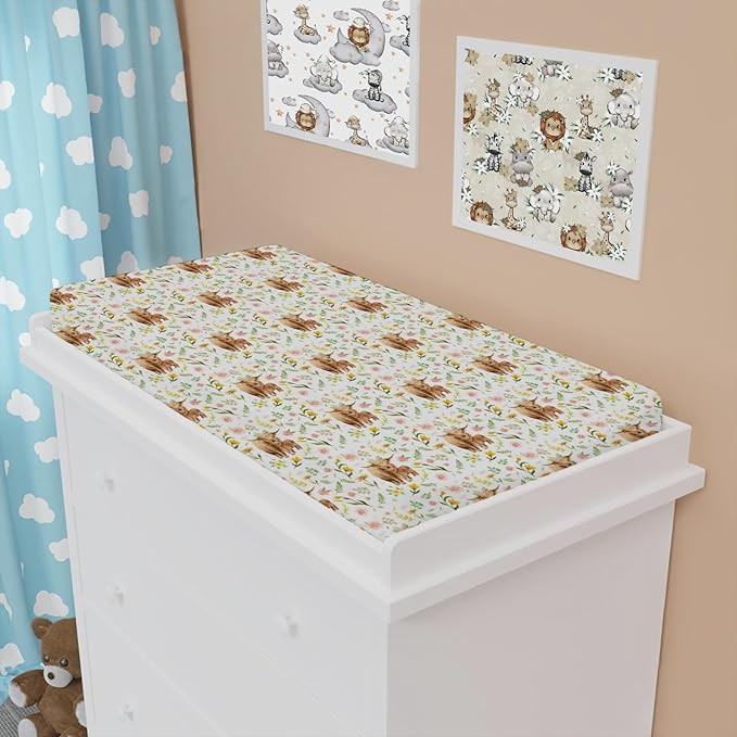 Highland Cows Boho Floral Changing Pad Covers Highland Yak Retro Flowers Change Table Pad Cover for Boys Girls Farm Animal Soft Stretchy Snug Fitted Diaper Changing Mat Sheets Cover 32''x16''