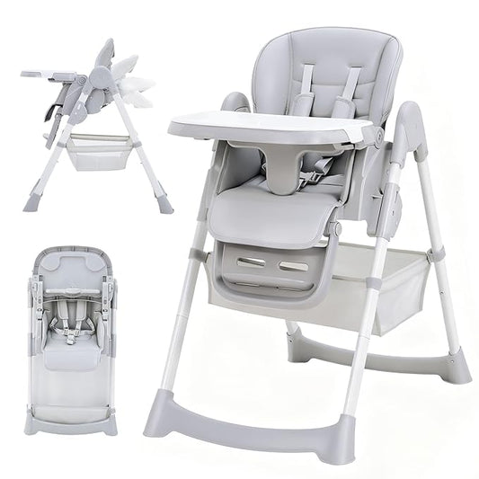 GarveeLife Foldable High Chair for Babies & Toddlers, PU Leather Highchair with Adjustable Backrest, Footrest, Seat Height, Removable Tray, 5-Point Safety Harness, Light Grey