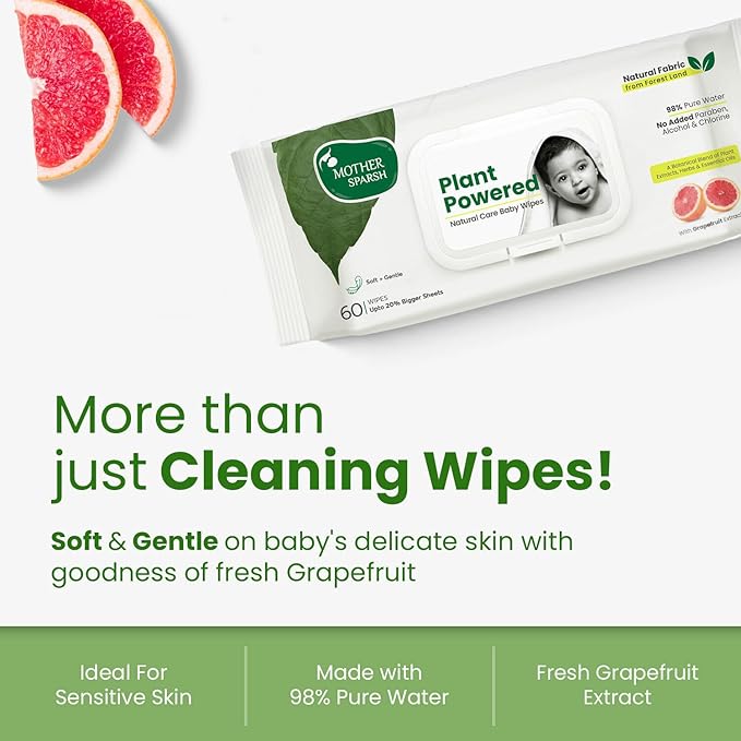 Mother Sparsh Natural Care Baby Wipes 60 Pcs (Pack of 4) I 100% Plant Made Fabric From Forest Land | Gentle + Cleanse (with Grapefruit) Wet Wipes For Baby I Cotton Cloth Like Bigger Sheets
